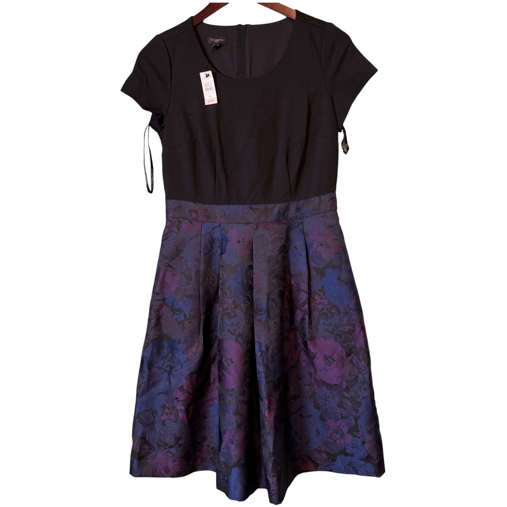 Talbots Jacquard Floral Fit & Flare Dress Women 4P Black Purple Wedding Guest